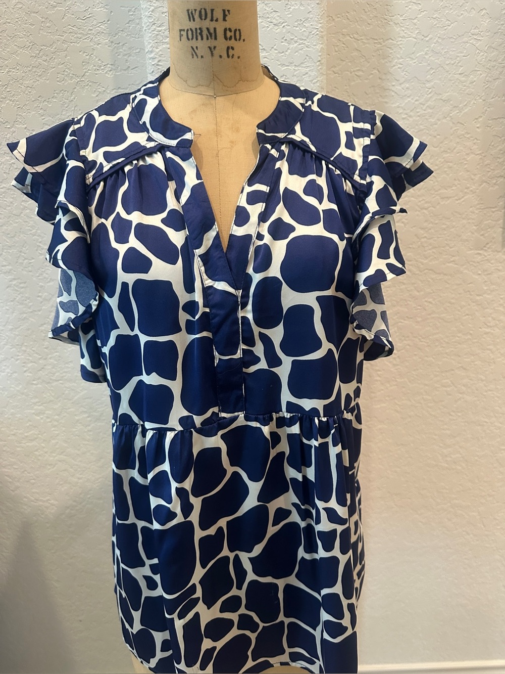 Umgee Navy & White Ruffle Sleeve Printed Blouse